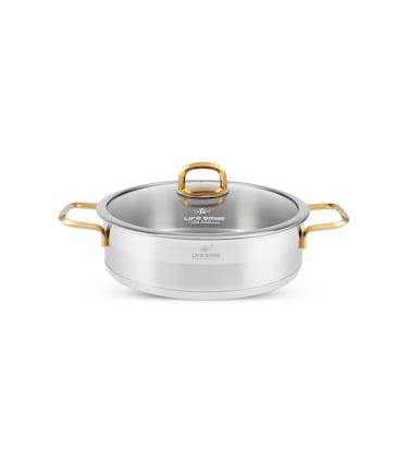 LIFE SMILE Shallow Pot with Lid - 18/10 Pure Stainless Steel - Induction Base Double Handle Fry Pan - Non-Toxic, 100% PFOA, PTFE &amp; PFOS Free - Oven Safe Saute Pan (Gold, 24 CM (3 Liters))