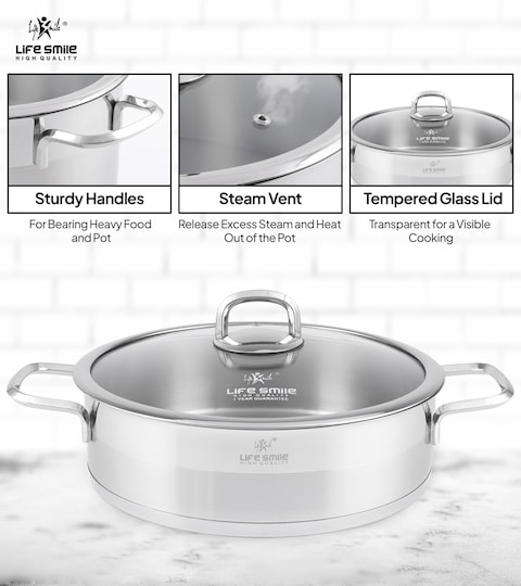 Buy LIFE SMILE Shallow Pot with Lid 18/10 Pure Stainless Steel