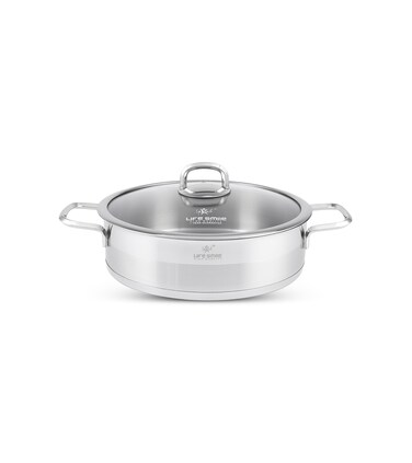 LIFE SMILE Shallow Pot with Lid - 18/10 Pure Stainless Steel - Induction Base Double Handle Fry Pan - Non-Toxic, 100% PFOA, PTFE &amp; PFOS Free - Oven Safe Saute Pan (Gold, 24 CM (3 Liters))