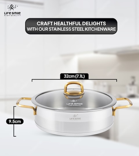 LIFE SMILE Shallow Pot with Lid Big Size - 18/10 Pure Stainless Steel - Induction Base Double Handle Fry Pan - Non-Toxic, 100% PFOA, PTFE &amp; PFOS Free - Oven Safe Saute Pan (Gold, 32 CM (7.1 Liters))