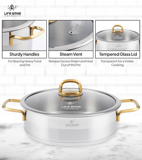 LIFE SMILE Shallow Pot with Lid Big Size - 18/10 Pure Stainless Steel - Induction Base Double Handle Fry Pan - Non-Toxic, 100% PFOA, PTFE &amp; PFOS Free - Oven Safe Saute Pan (Gold, 32 CM (7.1 Liters))