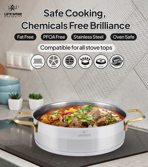 LIFE SMILE Shallow Pot with Lid Big Size - 18/10 Pure Stainless Steel - Induction Base Double Handle Fry Pan - Non-Toxic, 100% PFOA, PTFE &amp; PFOS Free - Oven Safe Saute Pan (Gold, 32 CM (7.1 Liters))
