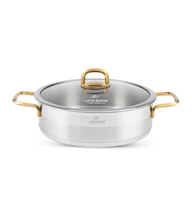 LIFE SMILE Shallow Pot with Lid Big Size - 18/10 Pure Stainless Steel - Induction Base Double Handle Fry Pan - Non-Toxic, 100% PFOA, PTFE &amp; PFOS Free - Oven Safe Saute Pan (Gold, 32 CM (7.1 Liters))