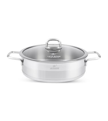 LIFE SMILE Shallow Pot with Lid Big Size - 18/10 Pure Stainless Steel - Induction Base Double Handle Fry Pan - Non-Toxic, 100% PFOA, PTFE &amp; PFOS Free - Oven Safe Saute Pan (Gold, 32 CM (7.1 Liters))