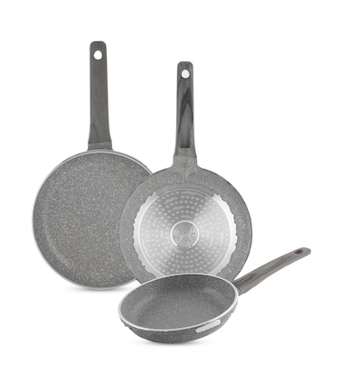 LIFE SMILE Frying Pan Set - Multi Layer Non Stick Granite Coating Fry Pan Set   PFOA FREE   Induction Base Pan   Heat-Resistant Handle with Hanging Loop (Gray, 20/24/28 CM)