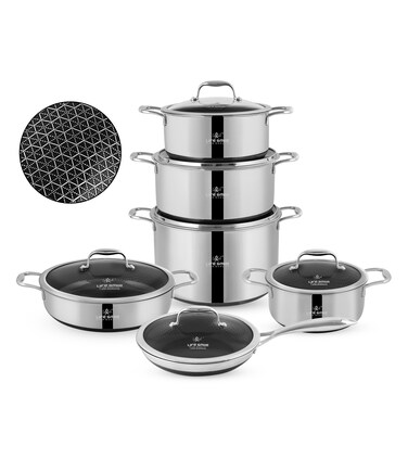 LIFE SMILE Hybrid Non Stick Pure 18/10 Stainless Steel Cookware Set - Cooking Set 12-Piece Honeycomb Ultra Non Stick Coating, 100% PFOA, PTFE and PFAS Free, Oven Safe, Induction Base Pots and Pans Set