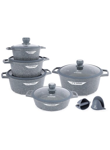 Life Smile 12 Pcs Stainless Steel Cookware Scratch Resistant Pots Pans