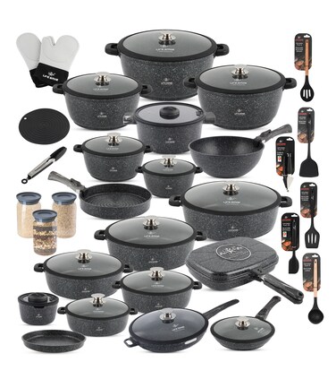 Cookware Set - 68 pieces Pots and Pans Complete set Granite Non Stick Coating 100% PFOA FREE, Induction Base Cooking Set with Removable Silicone Handles - Oven Safe (Black)