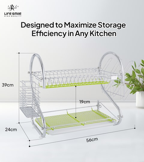 LIFE SMILE Dish Rack 2 Tier Countertop Dish Drying Stand With Removable Drip Tray 304 Stainless Steel with Utensil Holder and Cups Holder Anti