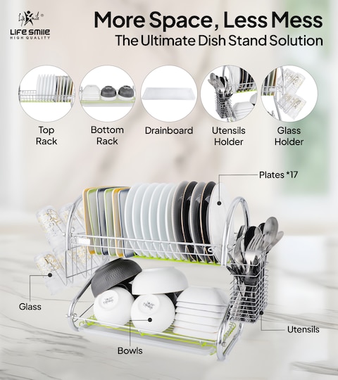 LIFE SMILE Dish Rack 2 Tier Countertop Dish Drying Stand With Removable Drip Tray 304 Stainless Steel with Utensil Holder and Cups Holder Anti