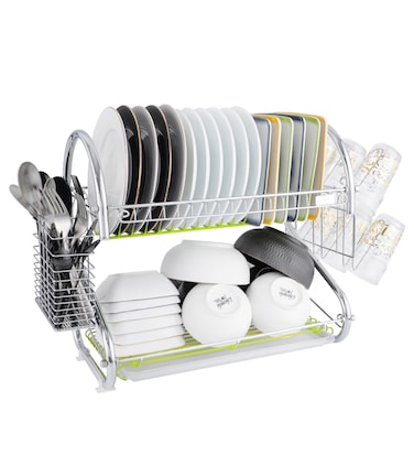 LIFE SMILE Dish Rack - 2 Tier Countertop Dish Drying Stand With Removable Drip Tray - 304 Stainless Steel with Utensil Holder and Cups Holder - Anti Slip and Rust Proof Dish Drainer