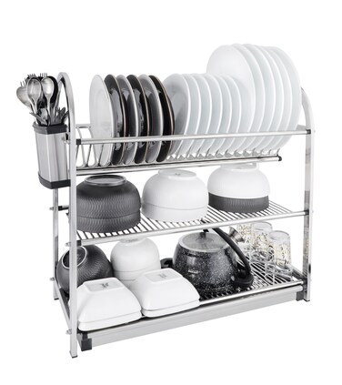 LIFE SMILE Dish Rack - 3 Tier Countertop Dish Drying Stand With Removable Drip Tray - Pure Stainless Steel with Removable Utensil Holder - Anti Slip and Rust Proof Dish Drainer
