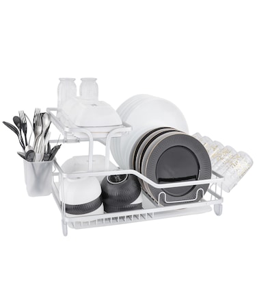 LIFE SMILE Dish Rack - 2 Tier Countertop Dish Drying Stand With Removable Drip Tray - Aluminum Material with Cutlery Holder and Cups Holder - Anti Slip and Rust Proof Dish Drainer