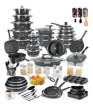 LIFE SMILE Cookware Set Granite Stone - Pots and Pans set Multi Layer Granite Non Stick Coating Cookware Sets 100% PFOA FREE, Oven Safe Cooking Sets (Black, 134 Pieces)