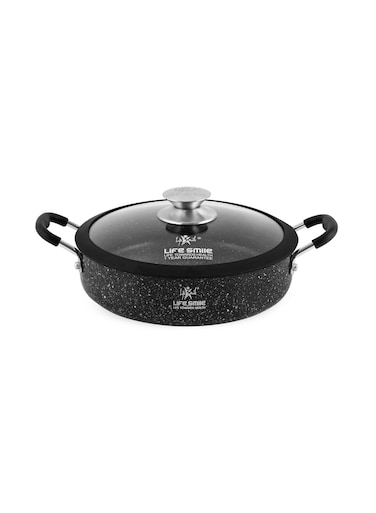 Life Smile 24cm Granite Non-Stick Shallow Pot with Glass Lid And Silicone Handles
