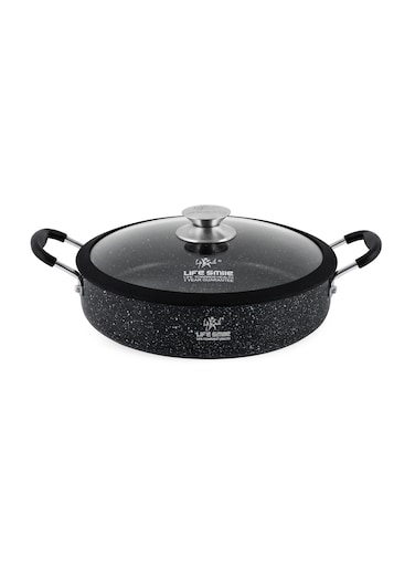 Life Smile 28cm Granite Non-Stick Shallow Pot with Glass Lid And Silicone Handles