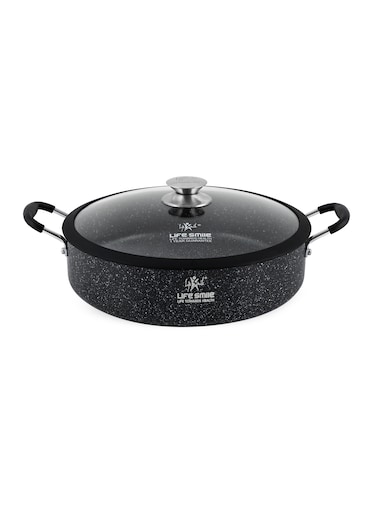 Life Smile 32cm Granite Non-Stick Shallow Pot with Glass Lid And Silicone Handles