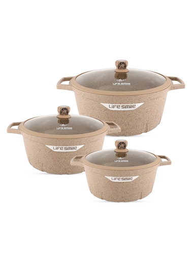 Life Smile 6 Pcs Granite Non-Stick Cookware Set-Casserole Pots with Lids-Induction Bottom-Multi-Layer Coating