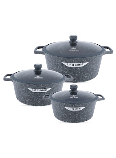 Life Smile 6 Pcs Granite Non-Stick Cookware Set-Casserole Pots with Lids-Induction Bottom-Multi-Layer Coating