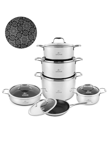 Life Smile 12 Pcs Stainless Steel Non stick Cookware Scratch Resistant Pots Pans