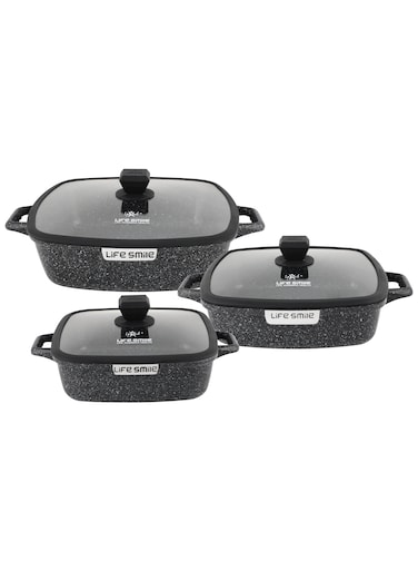 Life Smile Granite Shallow Pot with Lid &ndash; 24cm / 28cm / 32cm Non-Stick Casserole
