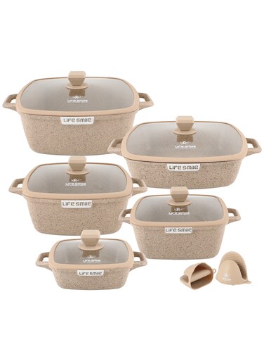 Life Smile Granite Nonstick Cookware Set with Lids and Silicone Gloves Induction Compatible Pots