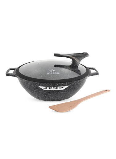 Life Smile 28cm Granite Nonstick Wok Pan with Lid (4.4L) &ndash; Induction Base