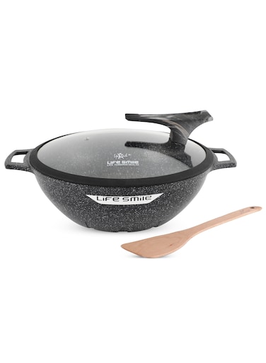 Life Smile 32cm Granite Nonstick Wok Pan with Lid (6.1L) &ndash; Induction Base