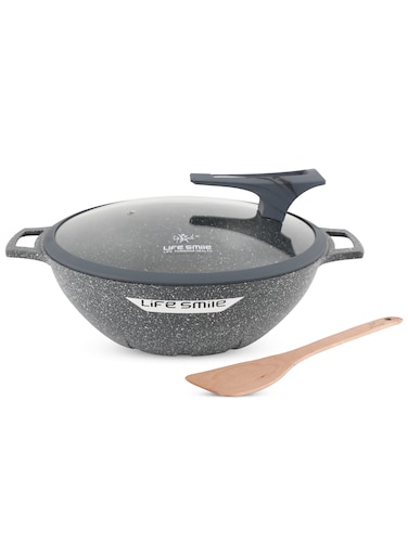 Life Smile 32cm Granite Nonstick Wok Pan with Lid (6.1L) &ndash; Induction Base