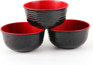Limitless Porcelain Ramen Bowls - Set of 3, Large Capacity for Soup, Noodles &amp; Rice, Japanese Ramen Pasta Ramen Bowls Noodle Soup Bowl for Home Kitchen, Black Red (Round-Plain)
