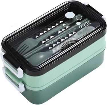 Limitless 1050ml Lunch Box with 3 Compartments, Double Layer Bento Box with Sticks, Fork and Spoon for Adults and Kids, Leak Proof, Microwave Lunch Box for School, Work, Picnic &amp; Travel (Green/Gray)