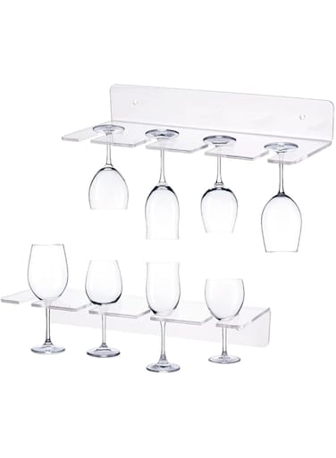 AHANDMAKER 2 Pack Acrylic Wine Glass Holders Wall Mounted, Clear Wine Glasses Display Rack, Champagne Wall Holder, Under Cabinet Wine Glass Storage Shelves, for Kitchen Bar Restaurant