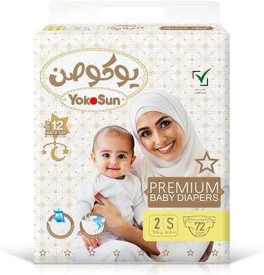 Yokosun Premium Baby Diapers, Size 2 / S (3-6 Kg) 72 Pieces, 1 Pack