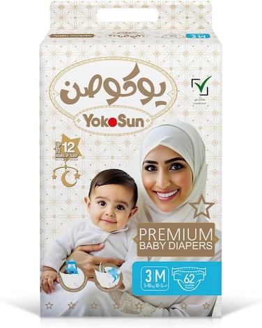 Yokosun Premium Baby Diapers, Size 3 / M (5-10 Kg) 62 Pieces, 1 Pack