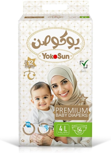 Yokosun Premium Baby Diapers, Size 4 / L (9-13 Kg) 54 Pieces, 1 Pack