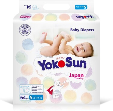 Yokosun Baby Diapers, Size 2 / S (Up To 6 Kg) 64 Pieces, 1 Pack