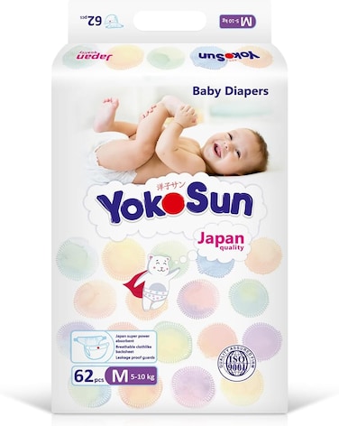 Yokosun Baby Diapers, Size 3 / M (5-10 Kg) 62 Pieces, 1 Pack