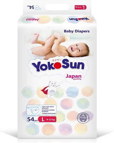 Yokosun Baby Diapers, Size 4 / L (9-13 Kg) 54 Pieces, 1 Pack