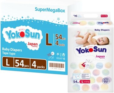 YokoSun Baby Diapers, Size 4 / L (9-13 kg) 216 PCs - Ultra-Soft, Hypoallergenic Nappies, Japanese Technology For Baby Skin Care, Leakproof With 12-Hour Dryness Protection