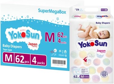 YokoSun Baby Diapers, Size 3 / M (5-10 kg) 248 PCs - Ultra-Soft, Hypoallergenic Nappies, Japanese Technology For Baby Skin Care, Leakproof With 12-Hour Dryness Protection