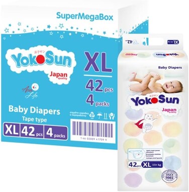YokoSun Baby Diapers, Size 5 / XL (13+ kg) 168 pcss, Hypoallergenic Nappies, Japanese Technology For Baby Skin Care, Leakproof With 12-Hour Dryness Protection