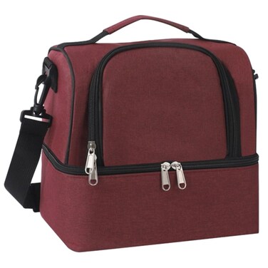 Flaneur Red Double-Deck Insulated Lunch Bag with Handle and Front Pocket - Large Capacity
