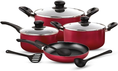 Bisbell 10PCS Non-Stick Cookware Set, BB2099,28cm Casserole with Lid, 24cm Casserole with Lid,18cm Saucepan with Lid,26cm Frypan, 3 x Nylon Turners