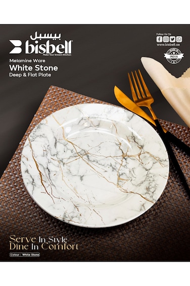 Bisbell 4Pcs 10" Melamine Ware White Stone Deep Plate - Soup, Pasta, Dessert Plate,BB2267