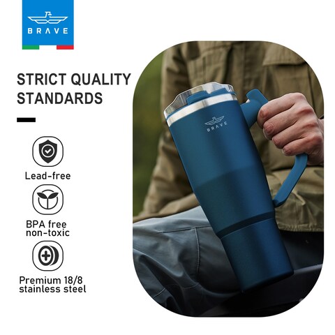 Brave TempGuard 40oz (1200ml) Stainless Steel Thermal Tumbler with straw –Vacuum Insulated travel mug, 180° Rotating Handle, Dual Leak-Proof Lids, Hot 12H/Cold 24H, BPA Free, For Office, Travel & Gym