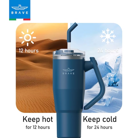 Brave TempGuard 40oz (1200ml) Stainless Steel Thermal Tumbler with straw –Vacuum Insulated travel mug, 180° Rotating Handle, Dual Leak-Proof Lids, Hot 12H/Cold 24H, BPA Free, For Office, Travel & Gym