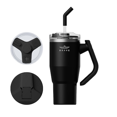 Brave TempGuard 32oz (950ml) Stainless Steel Thermal Tumbler with straw &ndash;Vacuum Insulated travel mug, 180&deg; Rotating Handle, Dual Leak-Proof Lids, Hot 12H/Cold 24H, BPA Free, For Office, Travel &amp; Gym