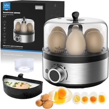 Smart Electric Egg Boiler &amp; Cooker   7 Egg Capacity with 400W Rapid Steam   Precision Rotary Timer Dial with Auto Shut Off &amp; Ding Alert - Steamed Custard Bowl, Measuring Cup &amp; Piercer