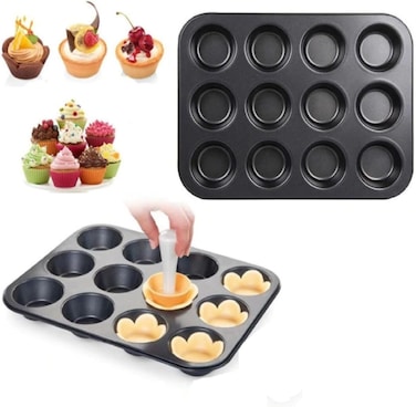 Non-Stick 12 CUP Muffin Pan, Carbon Steel Cupcake Baking Tray, Oven-Safe, Easy Release &amp; Easy Clean, Ideal for Muffins, Cupcakes &amp; Mini Cakes" " Black