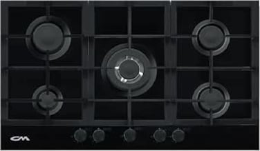 CM GALAXY 90CM Black Gas on Glass Hob, 5 Burners, Cast Iron Pan Support, Electronic Ignition, Safety Device, Triple Ring Burner 3000W, Rapid Burner 1000W, Cut-Out 840x480mm